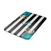 Turquoise Gouden Bloem Monogram Zwart Witte Strepe Badmat (Gekanteld)