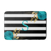 Turquoise Gouden Bloem Monogram Zwart Witte Strepe Badmat (Voorkant)