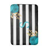 Turquoise Gouden Bloem Monogram Zwart Witte Strepe Badmat (Voorkant Verticaal)