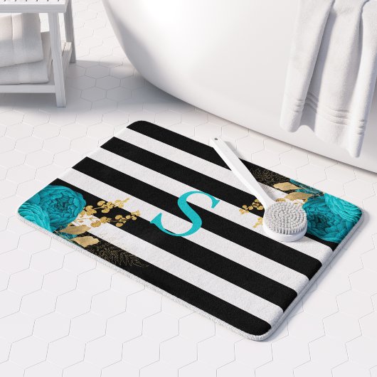 Turquoise Gouden Bloem Monogram Zwart Witte Strepe Badmat