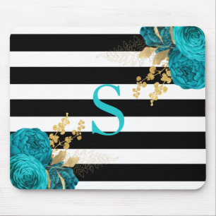 Turquoise Gouden Bloem Monogram Zwart Witte Strepe Muismat