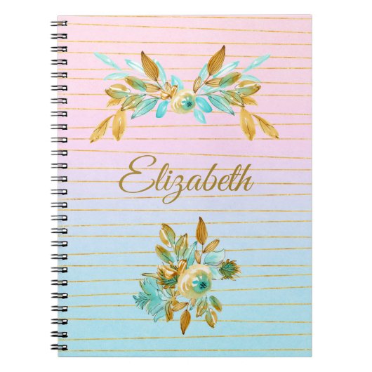 Turquoise & Gouden Bloem Notitieboek met Naam (Voorkant)