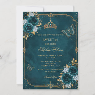 Turquoise Gouden Bloem Vlinder Sweet 16 Kaart