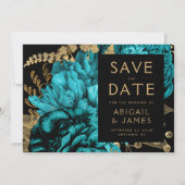 Turquoise Gouden Bloemen Fotobruiloft Bewaar de da Kaart (Voorkant)