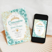 Turquoise Gouden Bloemen Quinceanera Kaart
