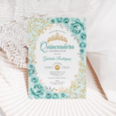 Turquoise Gouden Bloemen Quinceanera Kaart
