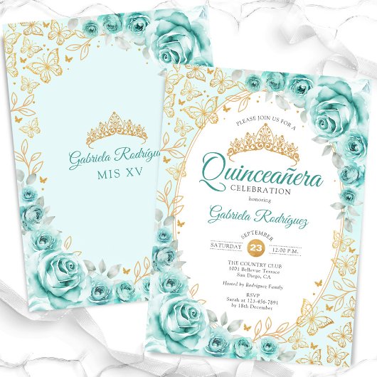 Turquoise Gouden Bloemen Quinceanera Kaart