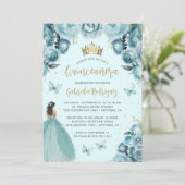 Turquoise Gouden Bloemen Waterverf Quinceañera Kaart (Staand voorkant)