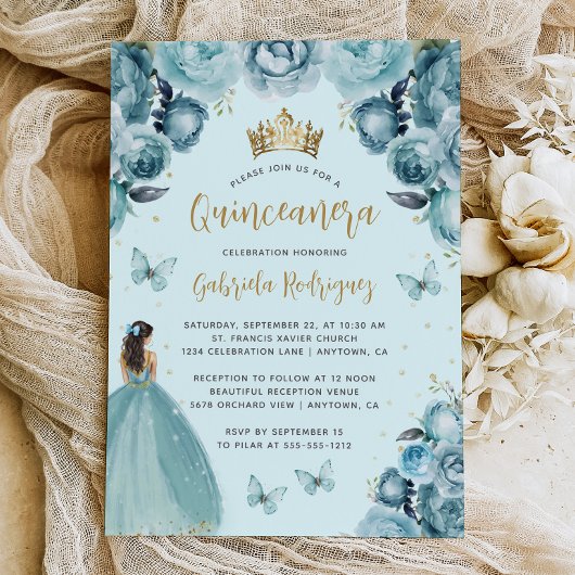 Turquoise Gouden Bloemen Waterverf Quinceañera Kaart