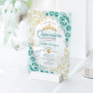 Turquoise Gouden Bloemige Quinceanera Acryl Uitnodigingen