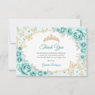 Turquoise Gouden Bloemige Quinceanera Bedankkaart