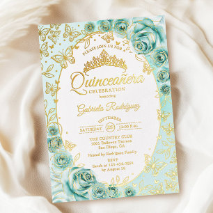 Turquoise Gouden Bloemige Quinceanera Folie Uitnodiging