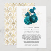 Turquoise & Gouden Bloemige Trouw Beperkte Gastlij Aankondiging (Voorkant / Achterkant)