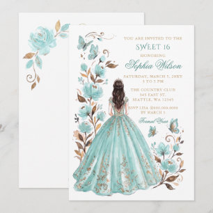 Turquoise Gouden Bloemvlinder Prinses Sweet 16 Kaart