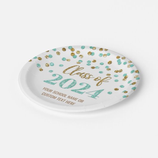 Turquoise Gouden Confetti Afstuderen 2024 Papieren Bordje (Gekanteld)