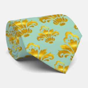 Turquoise Gouden Damast Patroon Stropdas
