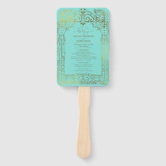 Turquoise Gouden Deco Chic Glam Trouwprogramma  Handwaaier (Voorkant)