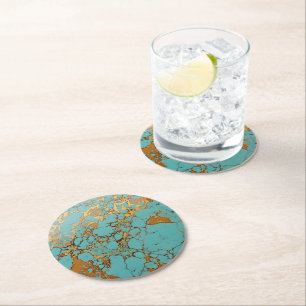 turquoise gouden edelsteenpatroon ronde kartonnen onderzetter