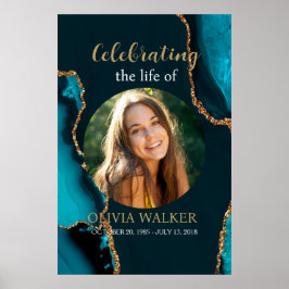 Turquoise & Gouden Foto Begrafenisbord Poster