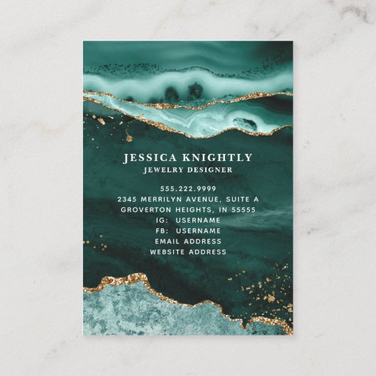 Turquoise Gouden Glitter Agaat Sieraden Display Visitekaartje (Achterkant)