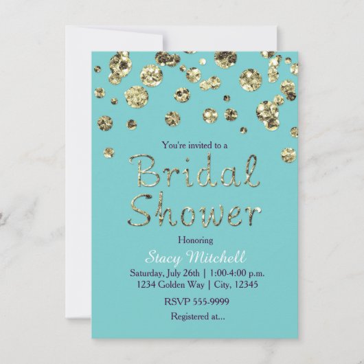 Turquoise Gouden Glitter Bruidsfeest Uitnodiging (Voorkant)