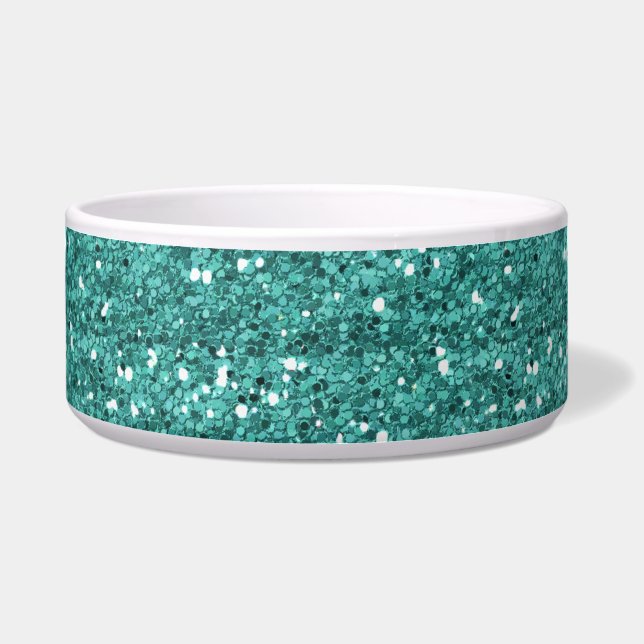 Turquoise Gouden Glitter Glans Chique Huisdier Hon Voerbakje (Voorkant)