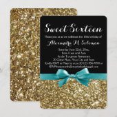 Turquoise Gouden Glitter Sweet 16 Feest Uitnodigin Kaart (Voorkant / Achterkant)