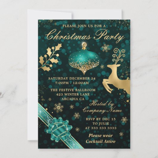 Turquoise & Gouden Kerstbal & Lint Kerstfeest Kaart (Voorkant)