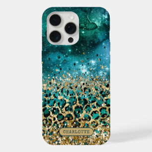 Turquoise Gouden Luipaardprint Galaxy Persoonlijk iPhone 15 Pro Max Case