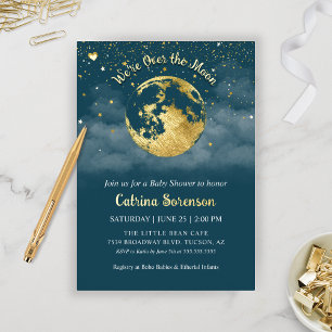 Turquoise Gouden Maan Baby Shower Folie Uitnodiging
