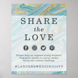 Turquoise & Gouden Marmer Trouw Hashtag Fotoscherm Poster