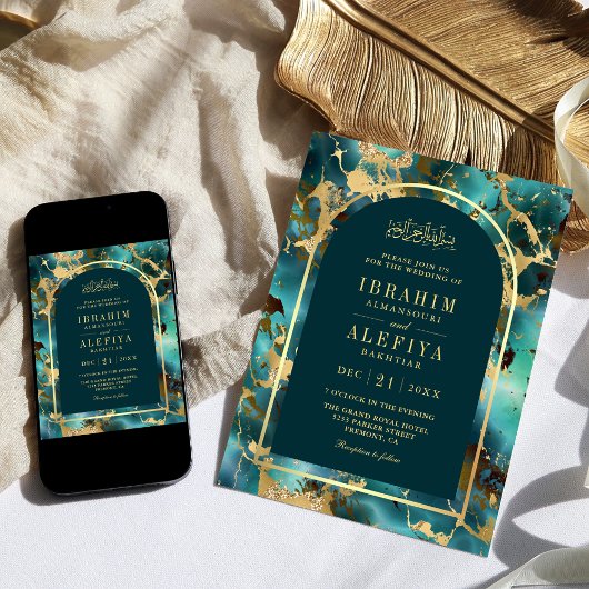 Turquoise gouden marmeren boog moslim bruiloft kaart