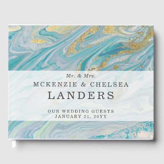 Turquoise & Gouden Marmeren Swirl Agaat Geode Brui Gastenboek (Voorkant)