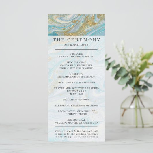 Turquoise & Gouden Marmeren Swirl Agaat Geode Brui Programmakaart (Staand voorkant)