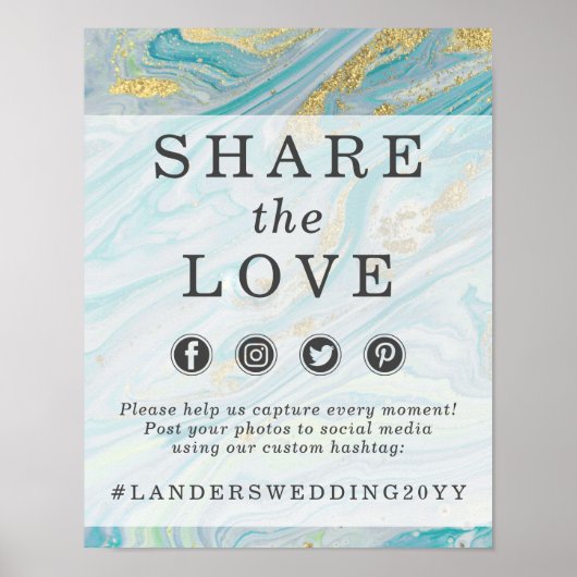 Turquoise & Gouden Marmeren Trouw Hashtag Fotoschi Poster (Voorkant)