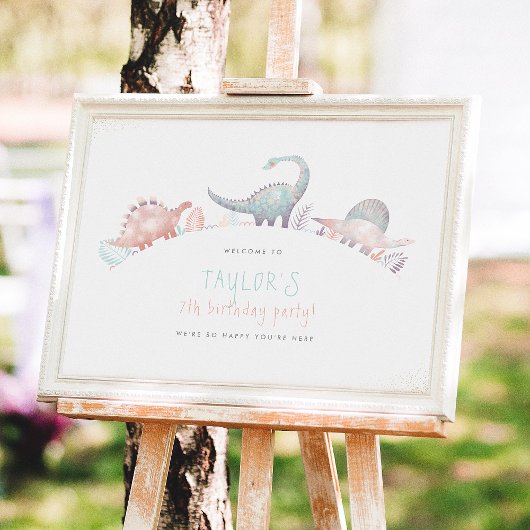 Turquoise & Gouden Meisje Dinosaurus Verjaardagsfe Poster