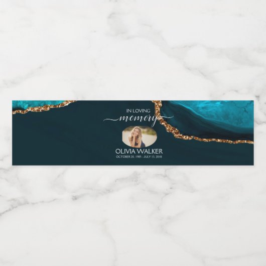 Turquoise & Gouden Memorial Waterfles Etiket (Enkel label)
