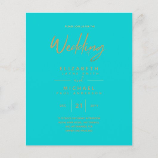 Turquoise Gouden Moderne Eenvoudige Trouw Uitnodig (Voorkant)