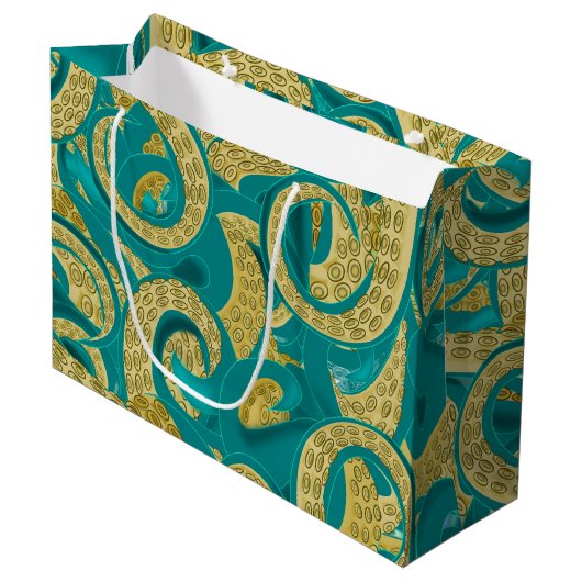 Turquoise Gouden Octopus Cadeautas (Voorkant Gekanteld)