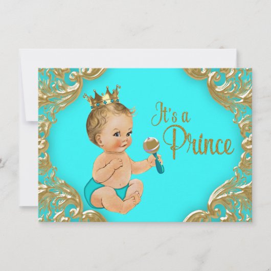Turquoise Gouden Prins Baby Shower Kaart (Voorkant)