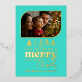 Turquoise & Gouden Retro Doodle Kerstfoto Folie Feestdagenkaart (Voorkant)