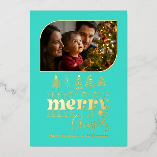 Turquoise & Gouden Retro Doodle Kerstfoto Folie Feestdagenkaart (Voorkant)