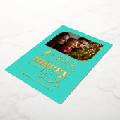 Turquoise & Gouden Retro Doodle Kerstfoto Folie Feestdagenkaart (Gedraaid)