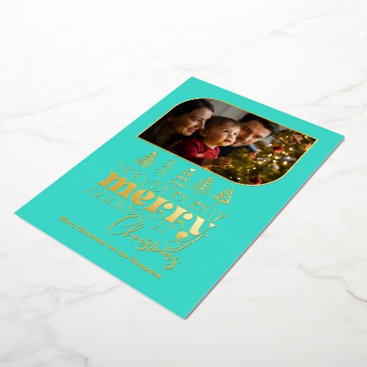 Turquoise & Gouden Retro Doodle Kerstfoto Folie Feestdagenkaart (Gedraaid)
