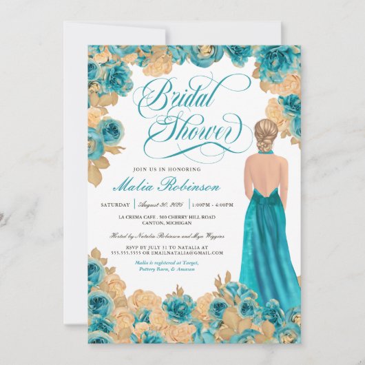 Turquoise & Gouden Rozen Elegante Jurk Bruidsbeurs Kaart (Voorkant)