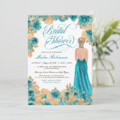 Turquoise & Gouden Rozen Elegante Jurk Bruidsbeurs Kaart (Staand voorkant)
