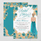 Turquoise & Gouden Rozen Elegante Jurk Bruidsbeurs Kaart (Voorkant / Achterkant)