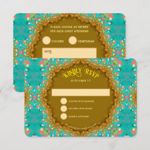 Turquoise Gouden Satijnen Kant RSVP Kaartje