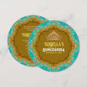 Turquoise gouden satijnen kant & Tiara Quinceañera Kaart (Voorkant / Achterkant)