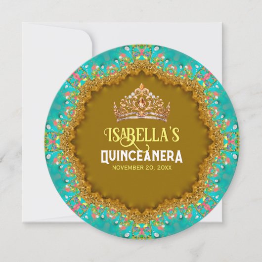 Turquoise gouden satijnen kant & Tiara Quinceañera Kaart (Voorkant)